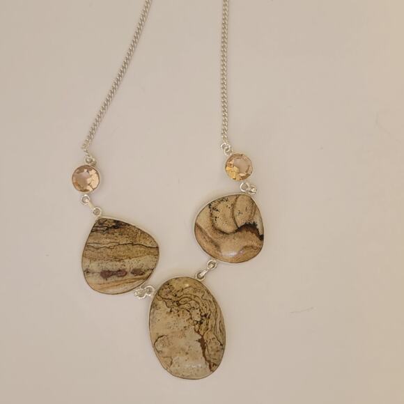 Sterling Silver Picture Jasper & Citrine Necklace, 18 Handmade Gemstone Jewelry - Picture 2 of 10